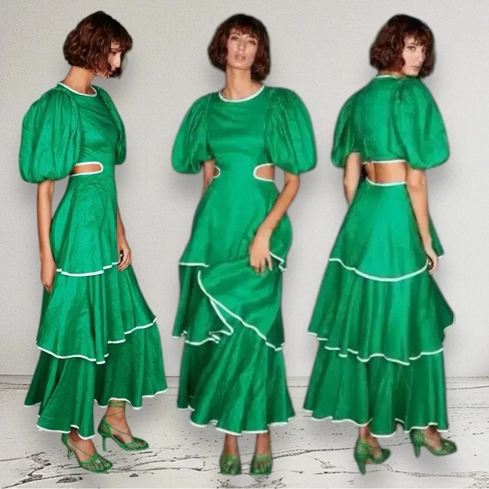 NWT MACKENZIEMODE Puff Sleeve Tiered Maxi Dress in Emerald Size 8 - Picture 5 of 16